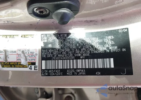 2004 Toyota Highlander z USA, uszkodzony, nr VIN JTEGD21A340093345